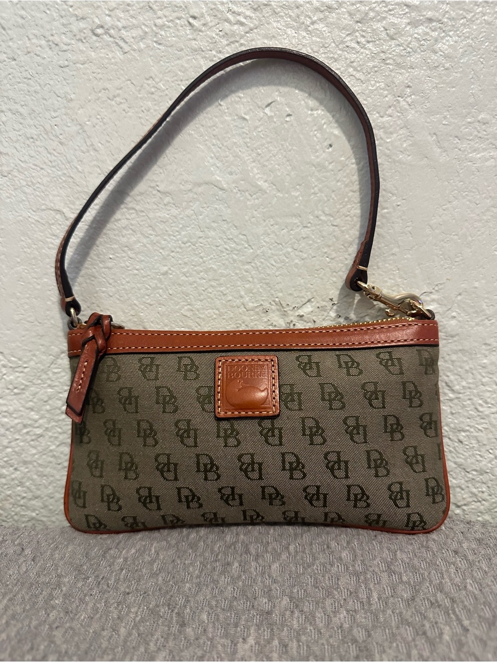 Dooney & Bourke Olive Logo Canvas Wristlet with Brown Leather Trim - Picture 4 of 11